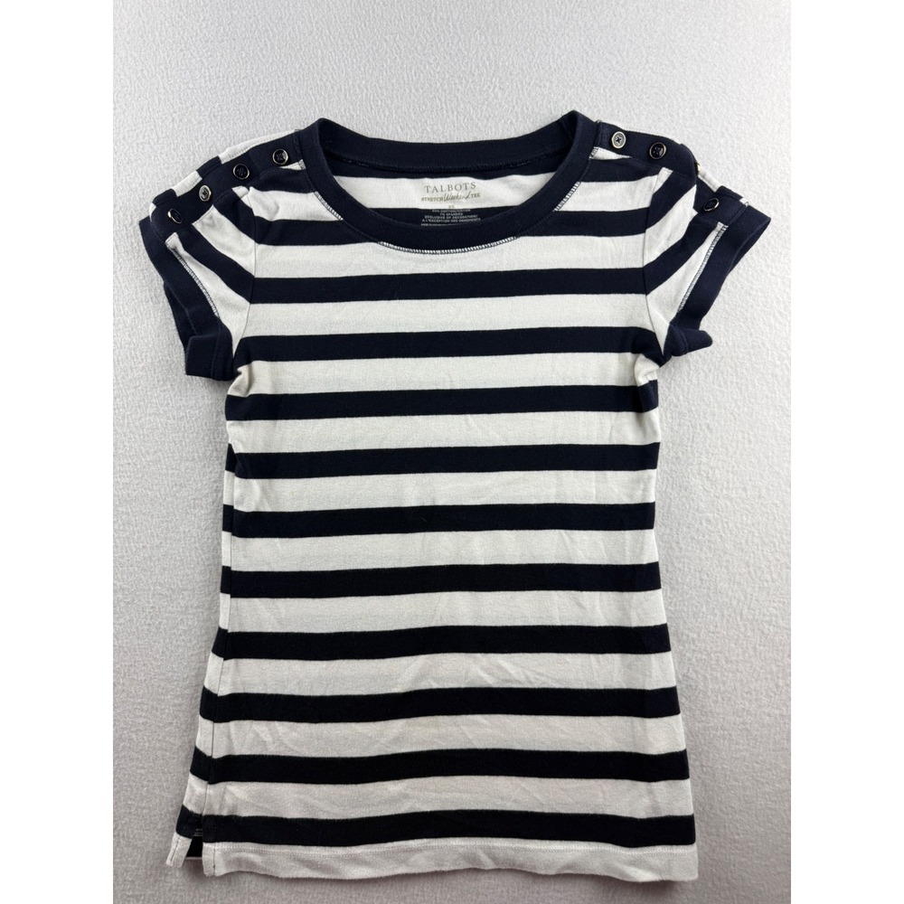Talbots Navy White Striped Button Shoulder Stretch Weekend Tee XS Short Sleeve‎